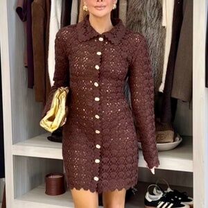 NWT H&M Limited Edition Women Crochet-look Knitted dress Dark Brown Solid colour